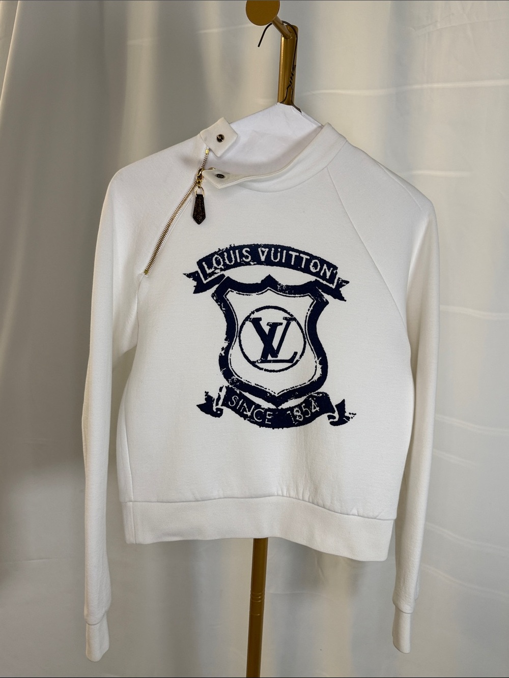 Louis Vuitton White Sweatshirt with Navy Crest Zip-Neck